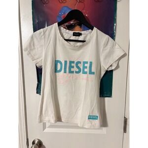 Diesel Brave Graphic T-Shirt Womens Medium White Teal Pink Logo Crew Neck Tee